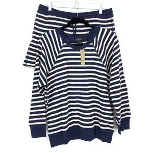 J.Crew Waffle Knit Lounge Set Sweatshirt + Short Womens M Blue Cream Stripe NEW